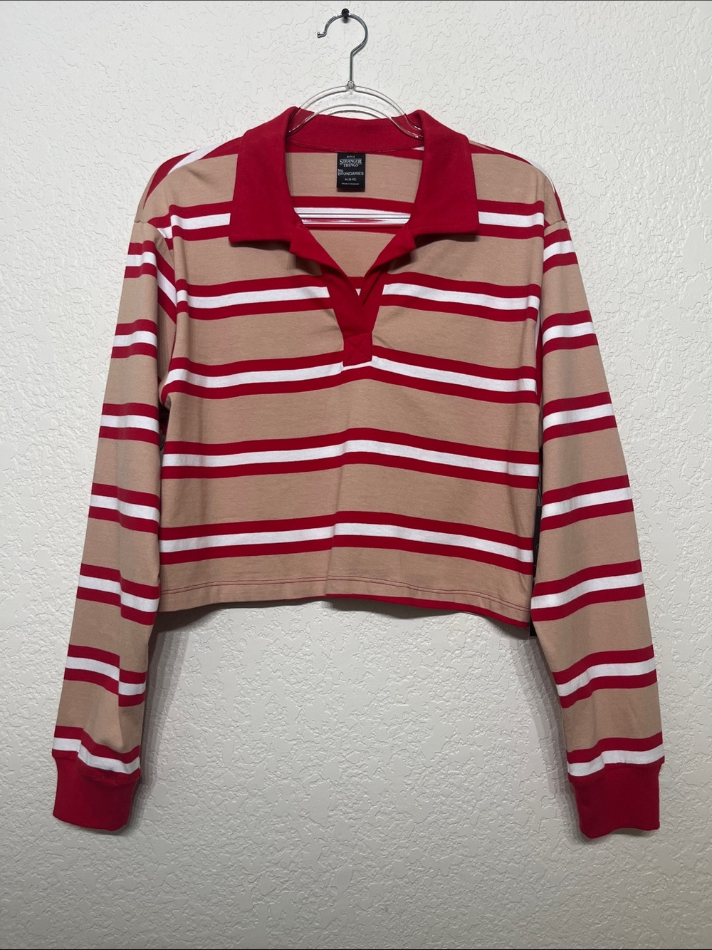 Stranger Things Women’s Medium Striped Red & Tan Cropped Top Polo